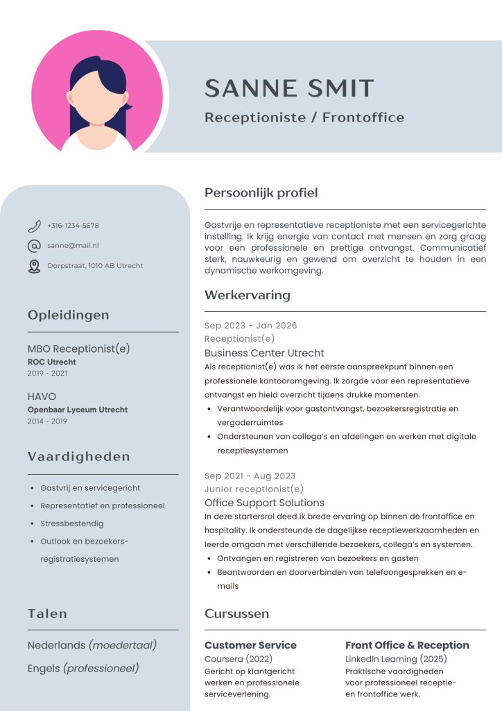 CV Voorbeeld van een Receptioniste